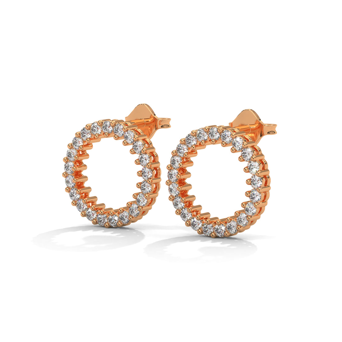 Rose gold hoop earrings with diamond accents on a white background