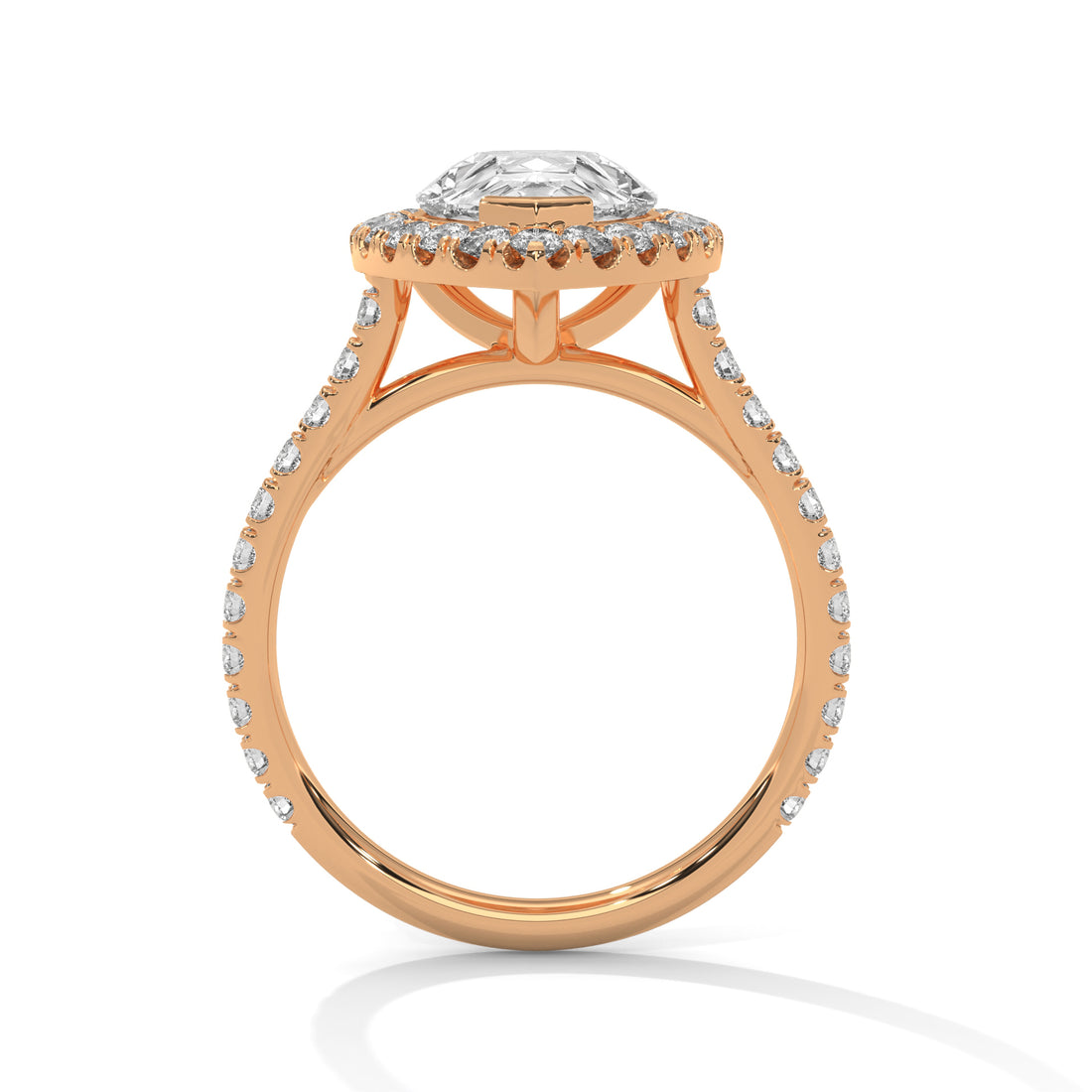 Rose gold ring with diamond accents on a white background