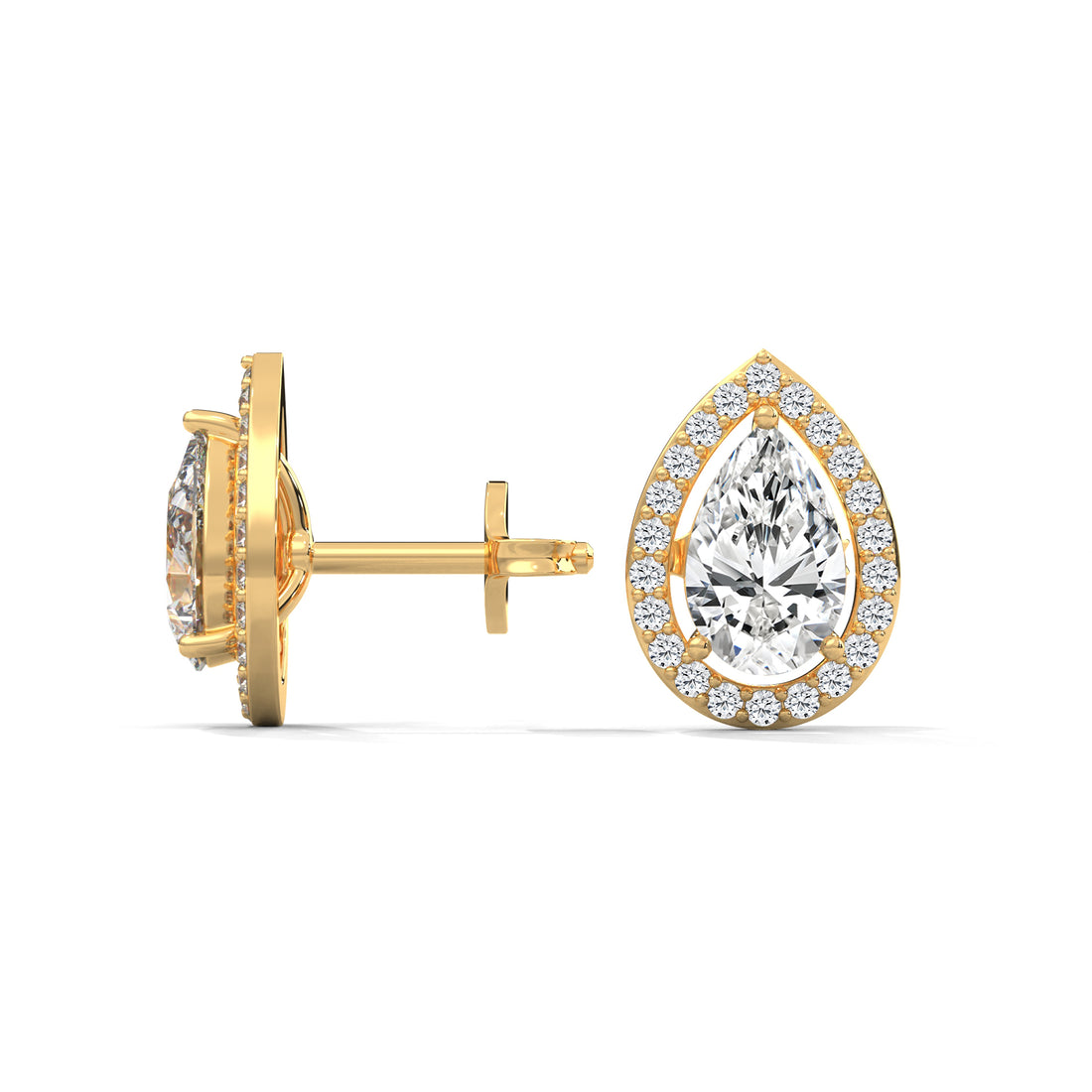 Gold teardrop-shaped diamond earrings on a white background