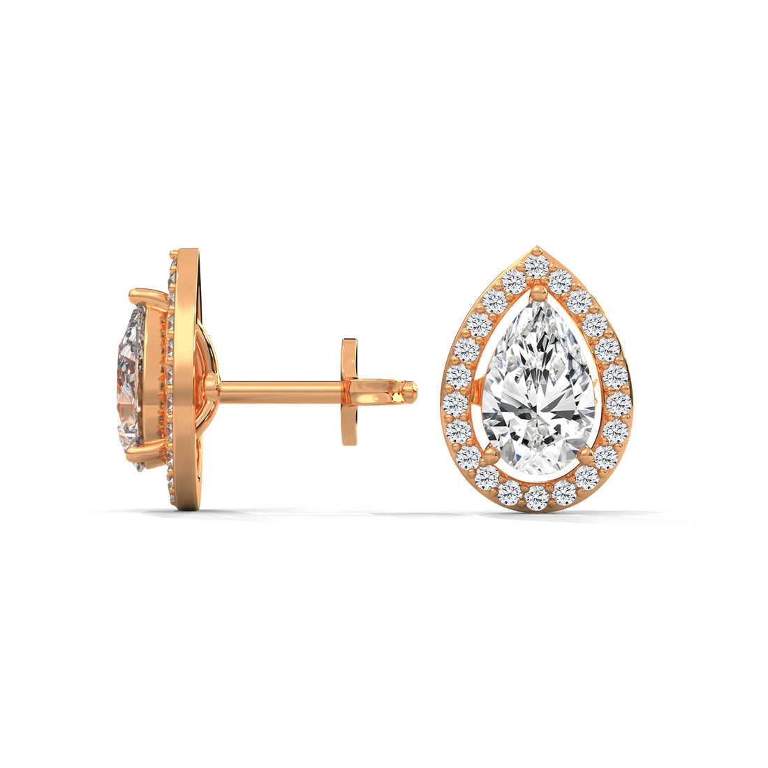 Rose gold teardrop-shaped diamond earrings on a white background