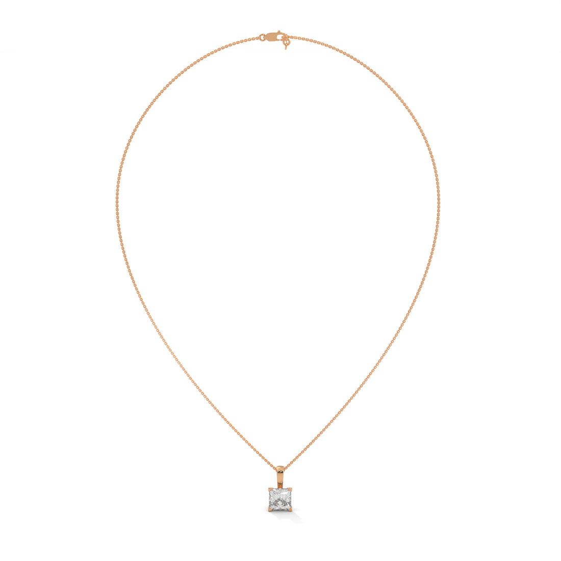 Gold necklace with a diamond pendant on a white background