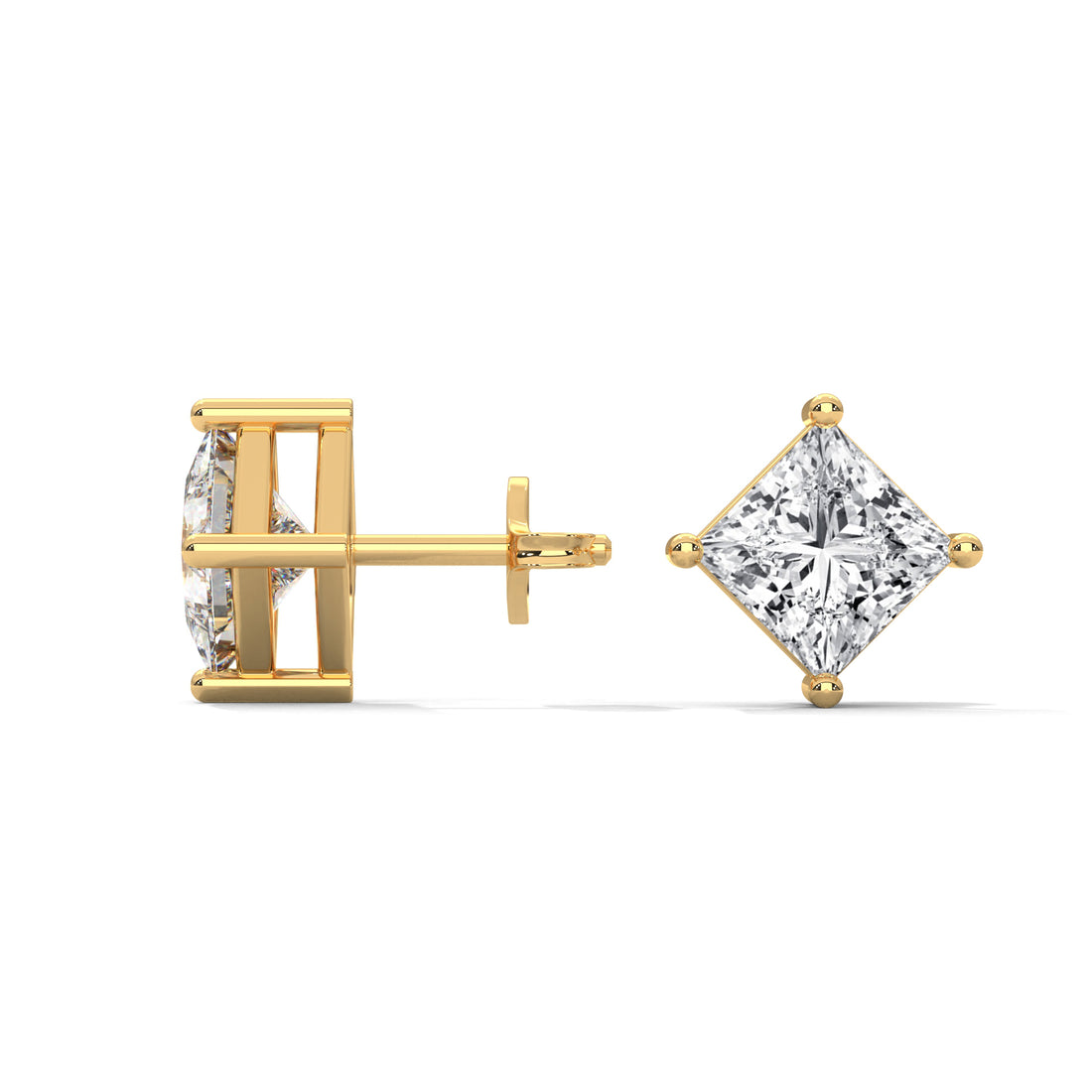 Gold earrings with diamond studs on a white background