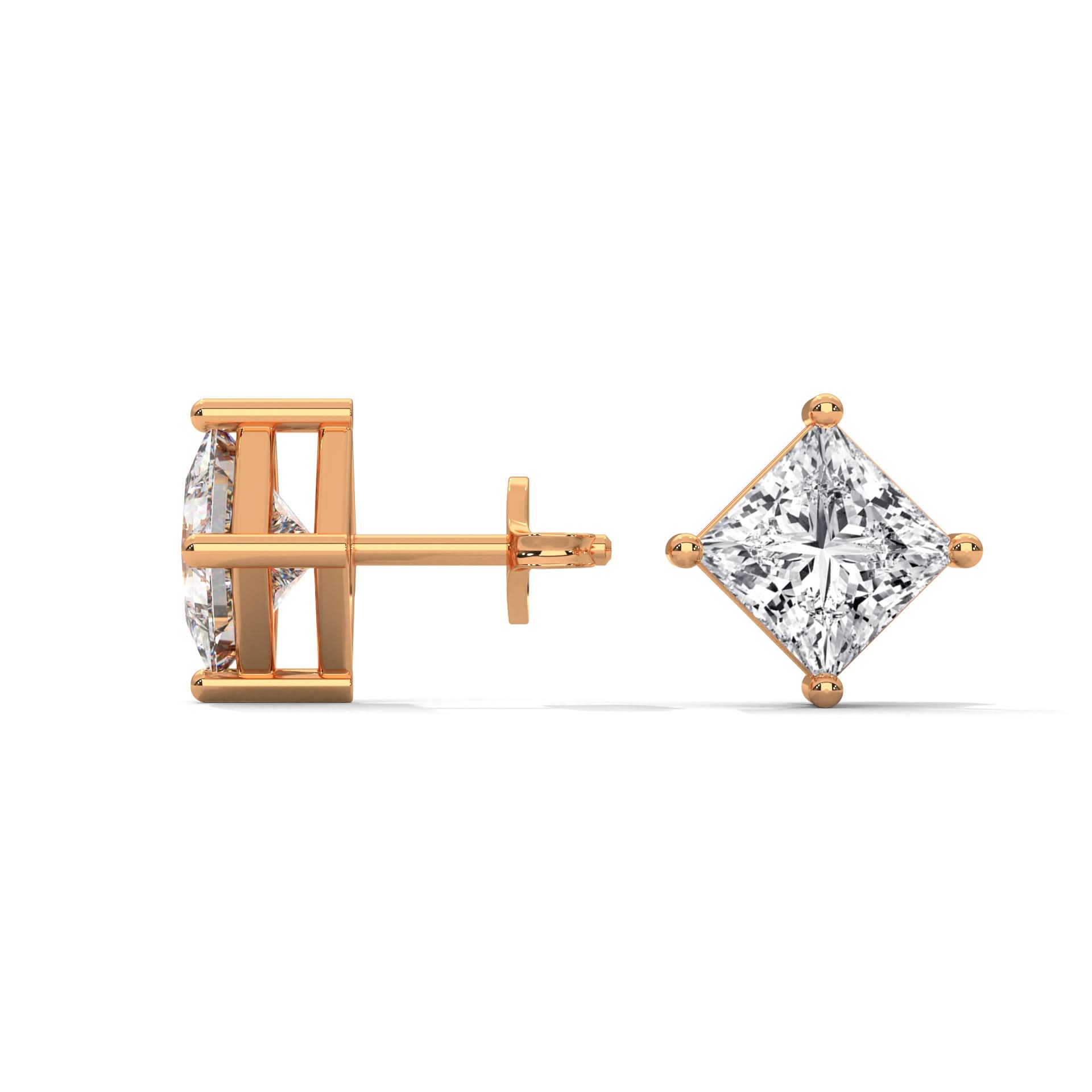 Rose gold diamond stud earrings on a white background