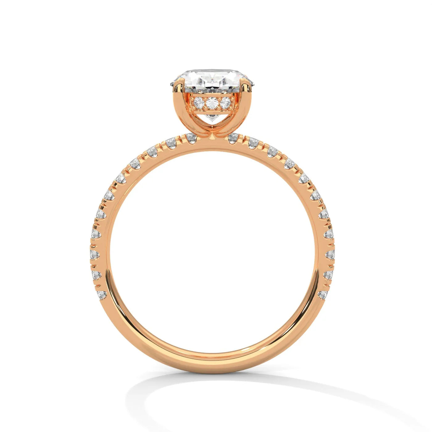 Oval Hidden Halo Rose Gold ring with a diamond on a white background