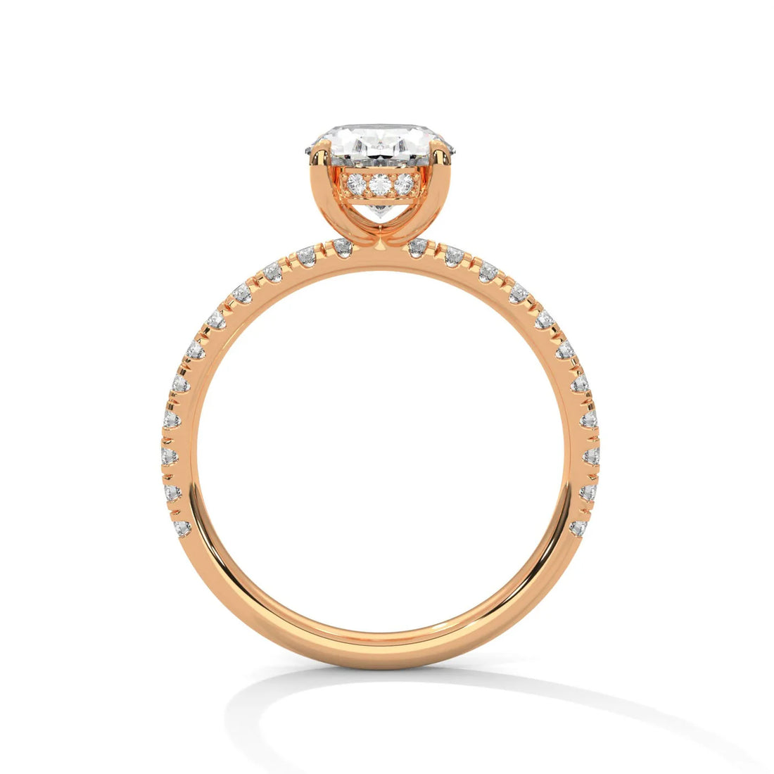 Oval Hidden Halo Rose Gold ring with a diamond on a white background