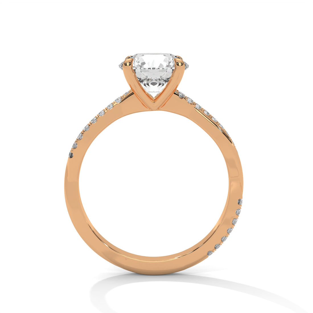 Rose gold ring with a diamond on a white background
