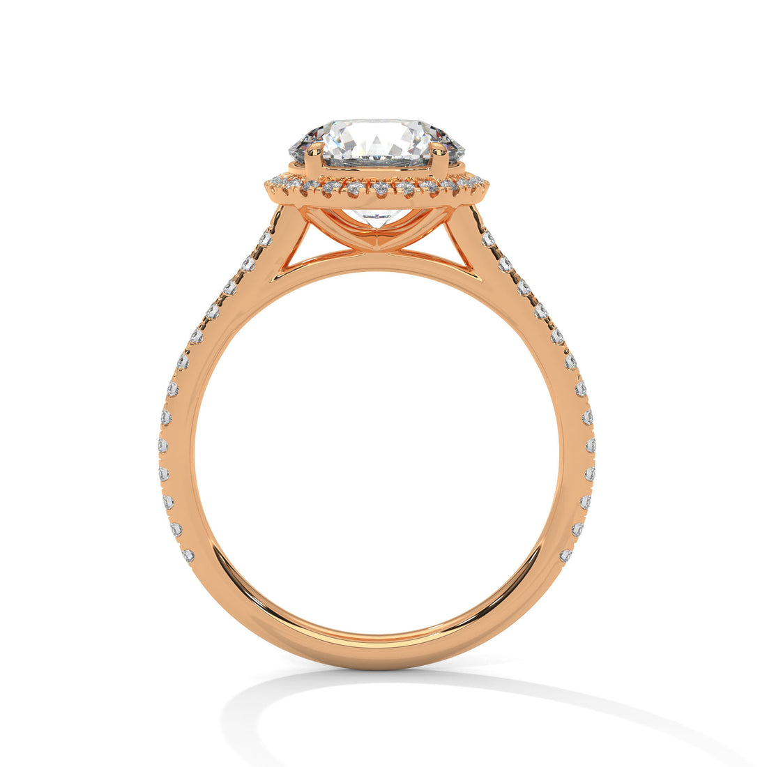 Rose gold ring with a diamond on a white background