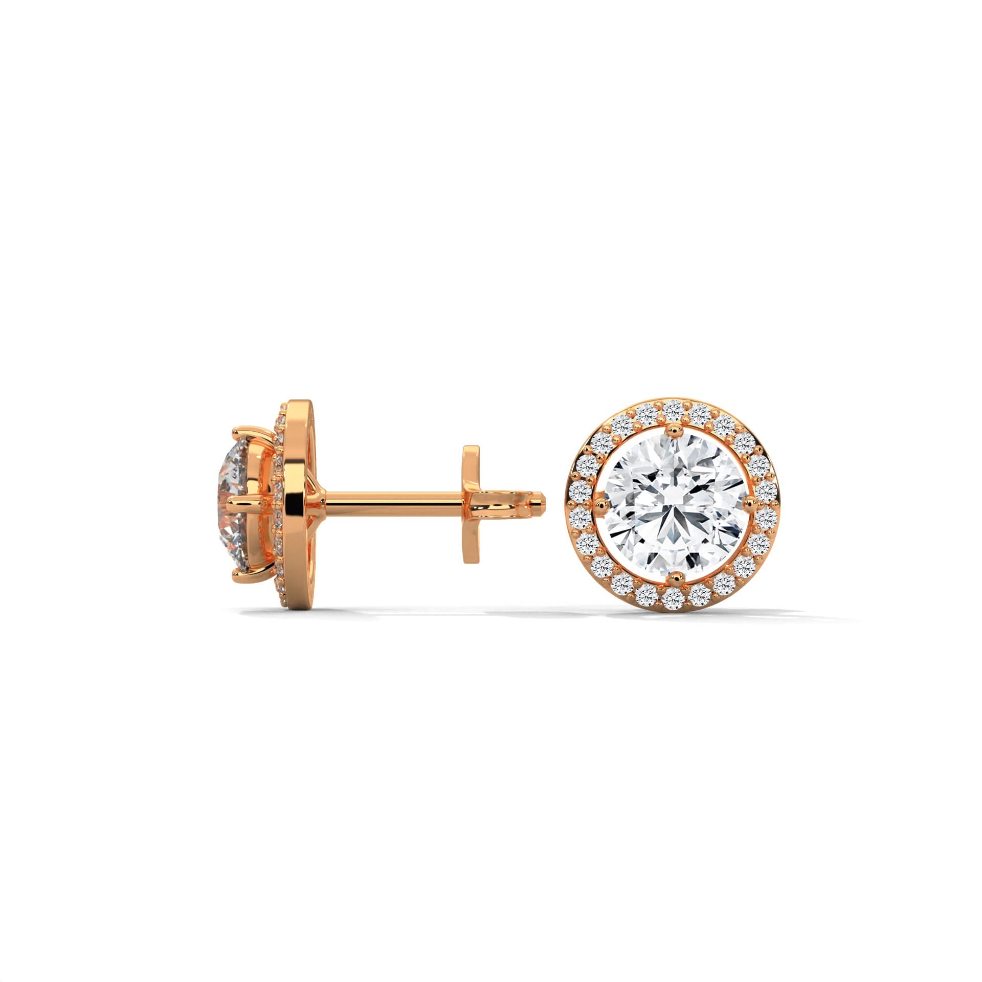Rose gold diamond stud earrings on a white background