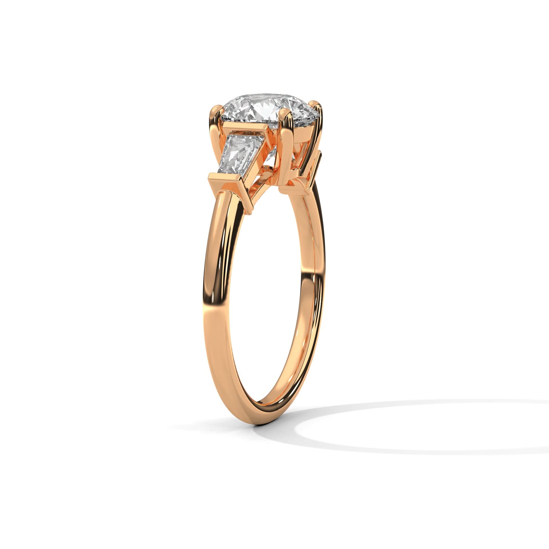 Rose gold ring with a diamond on a white background