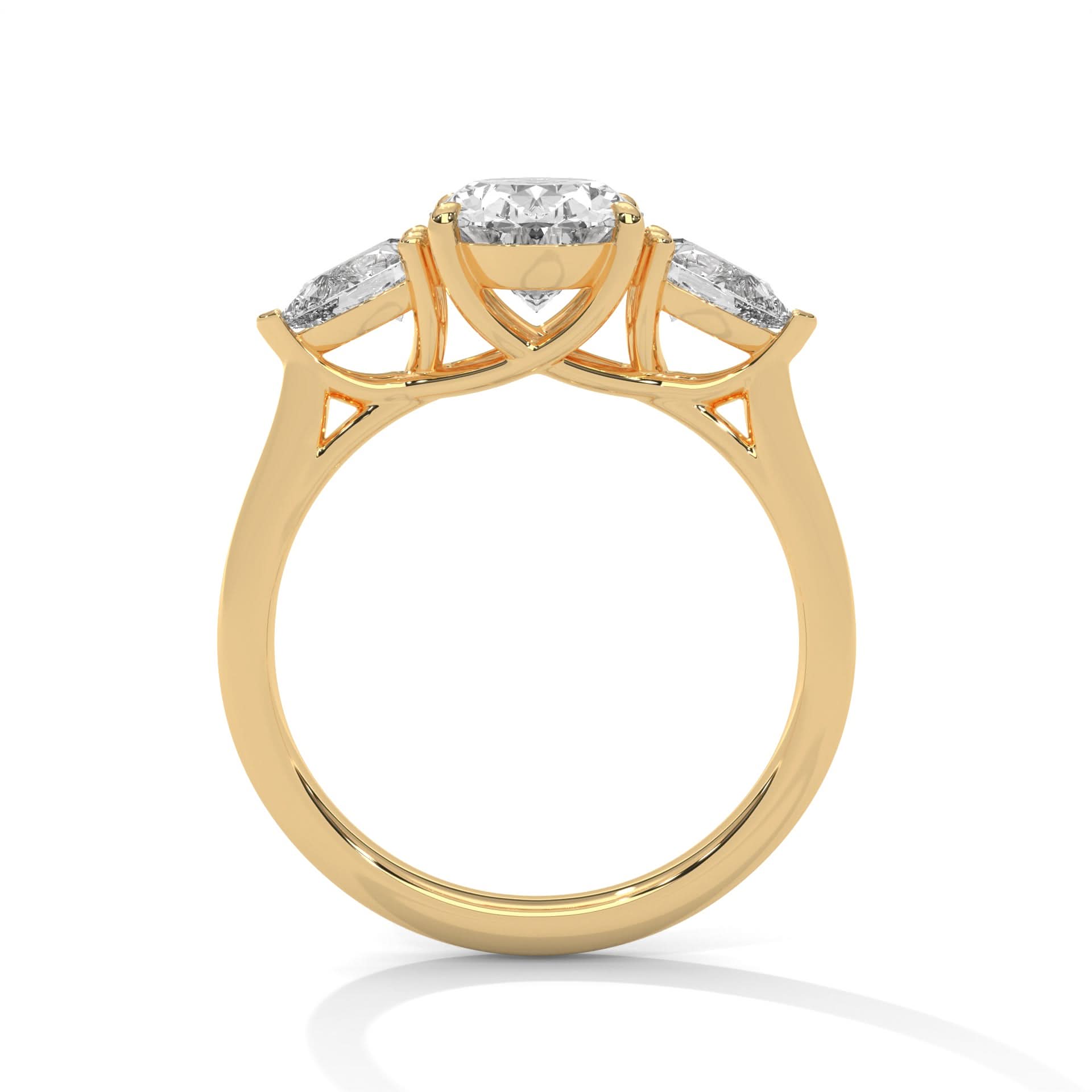 Gold ring with three diamonds on a white background