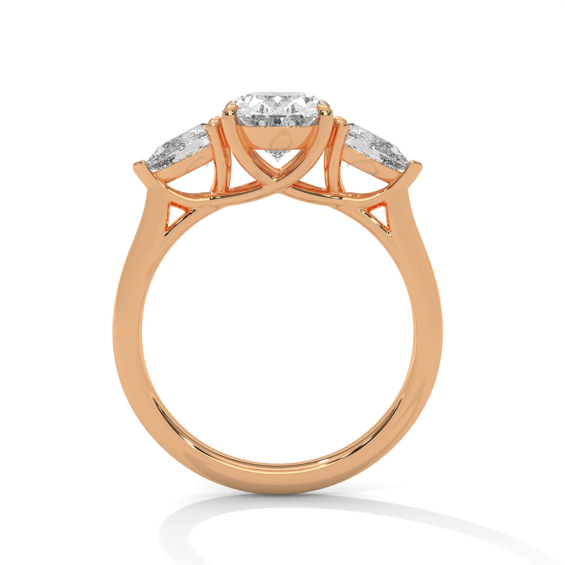 Rose gold ring with diamonds on a white background