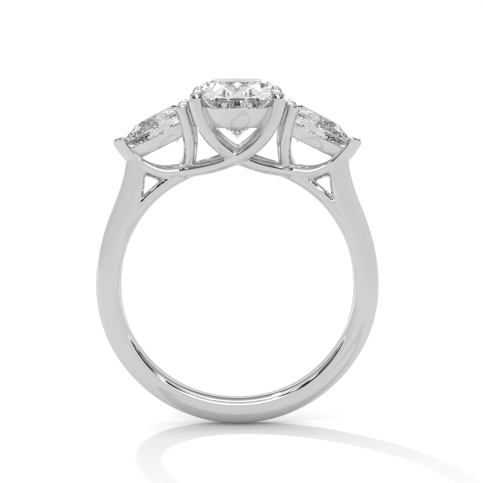 Diamond ring with a central stone and smaller stones on a white background