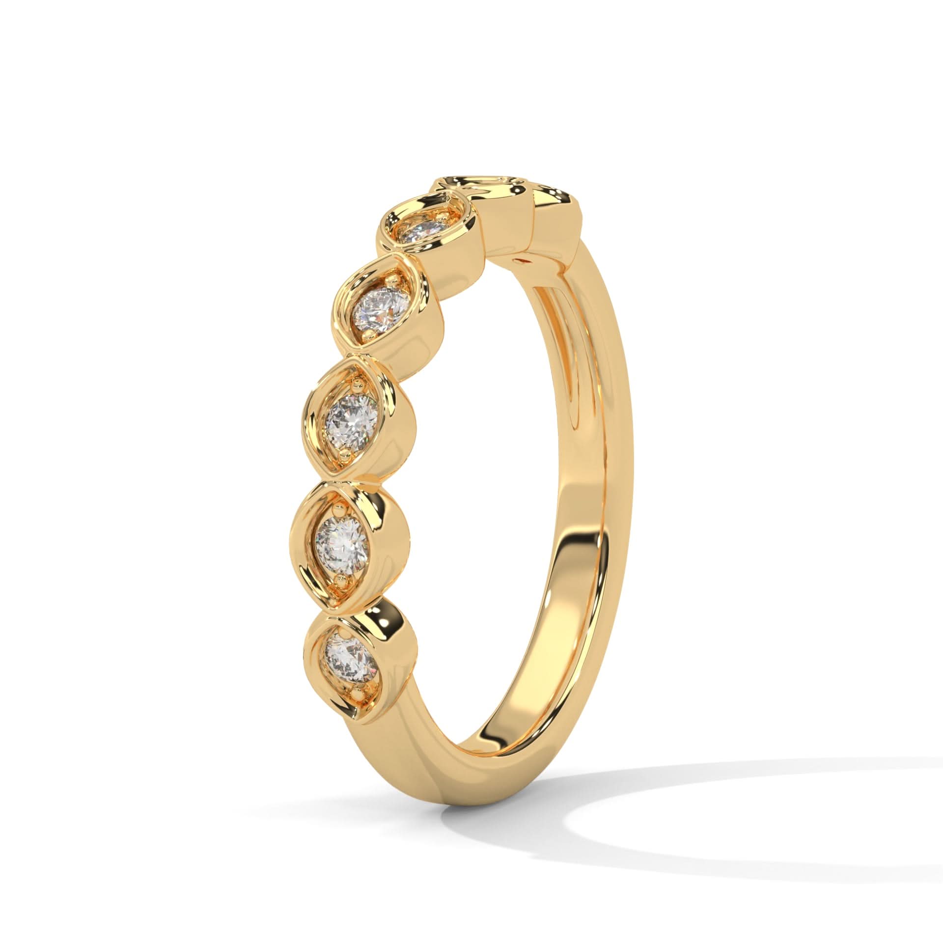 Gold ring with embedded diamonds on a white background