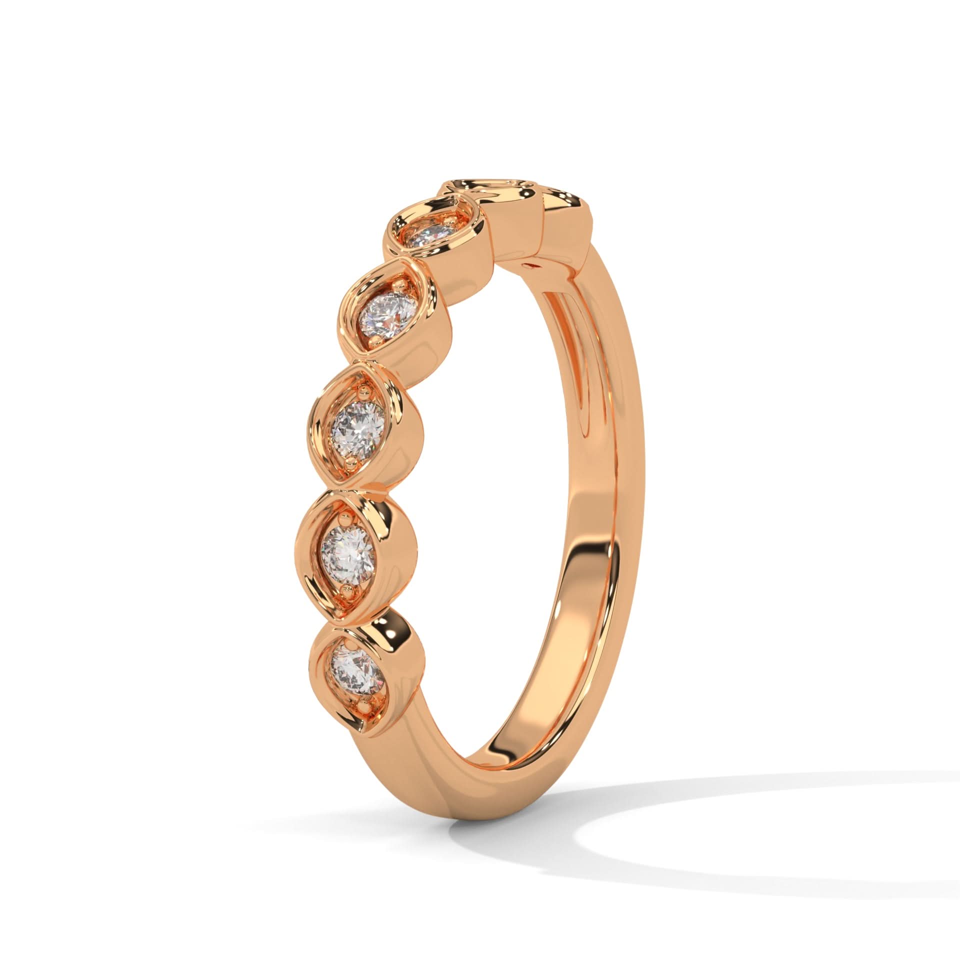 Rose gold ring with embedded diamonds on a white background