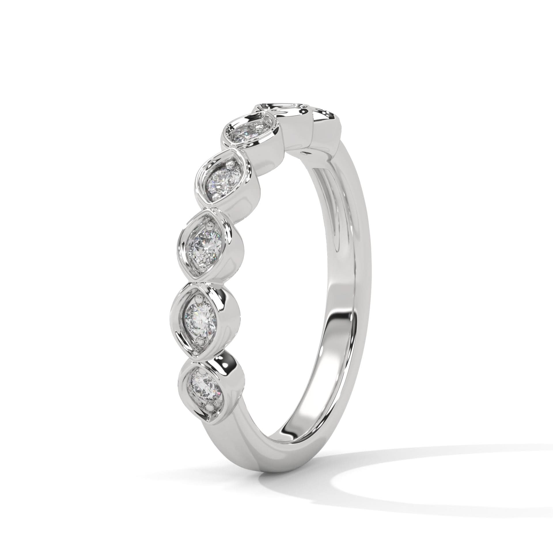 Silver ring with embedded diamonds on a white background