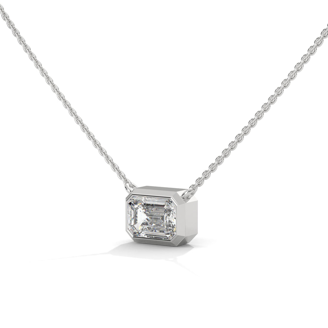 Diamond necklace with a rectangular pendant on a white background