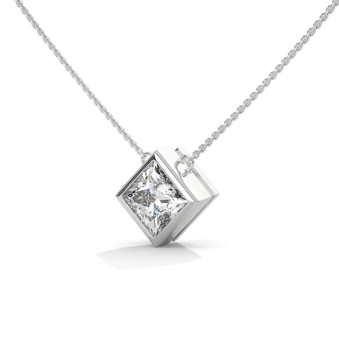 Diamond necklace with a princess cut  pendant on a white background
