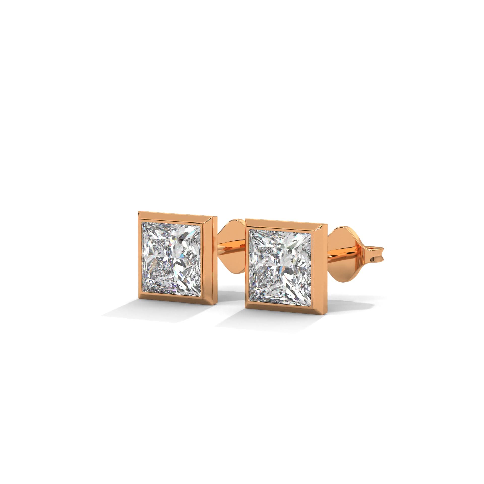 Rose gold diamond stud earrings on a white background
