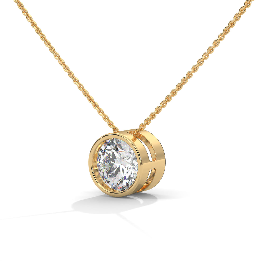 Gold necklace with a diamond pendant on a white background