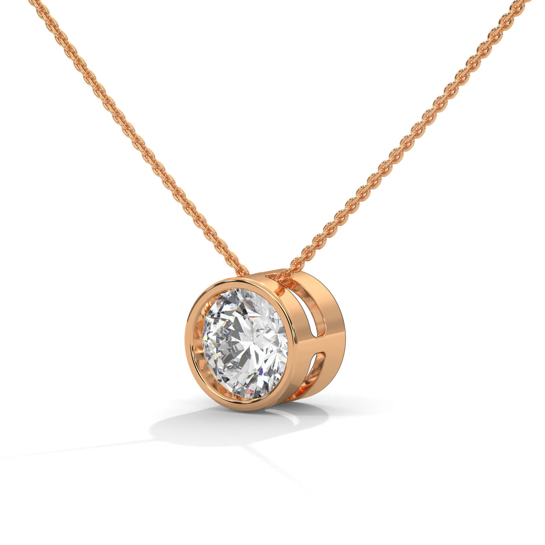 Rose gold necklace with a diamond pendant on a white background