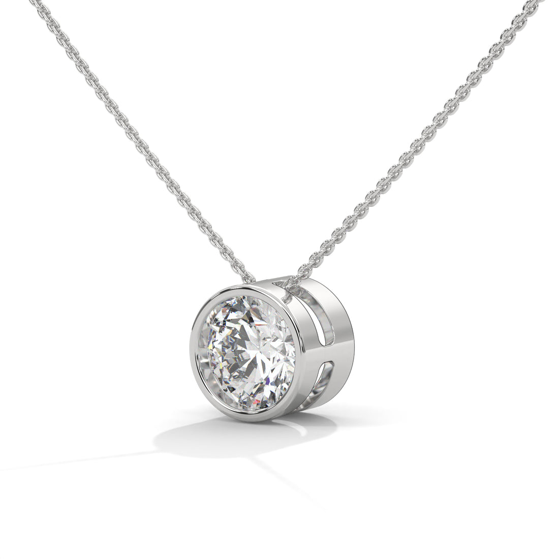 Silver necklace with a round diamond pendant on a white background