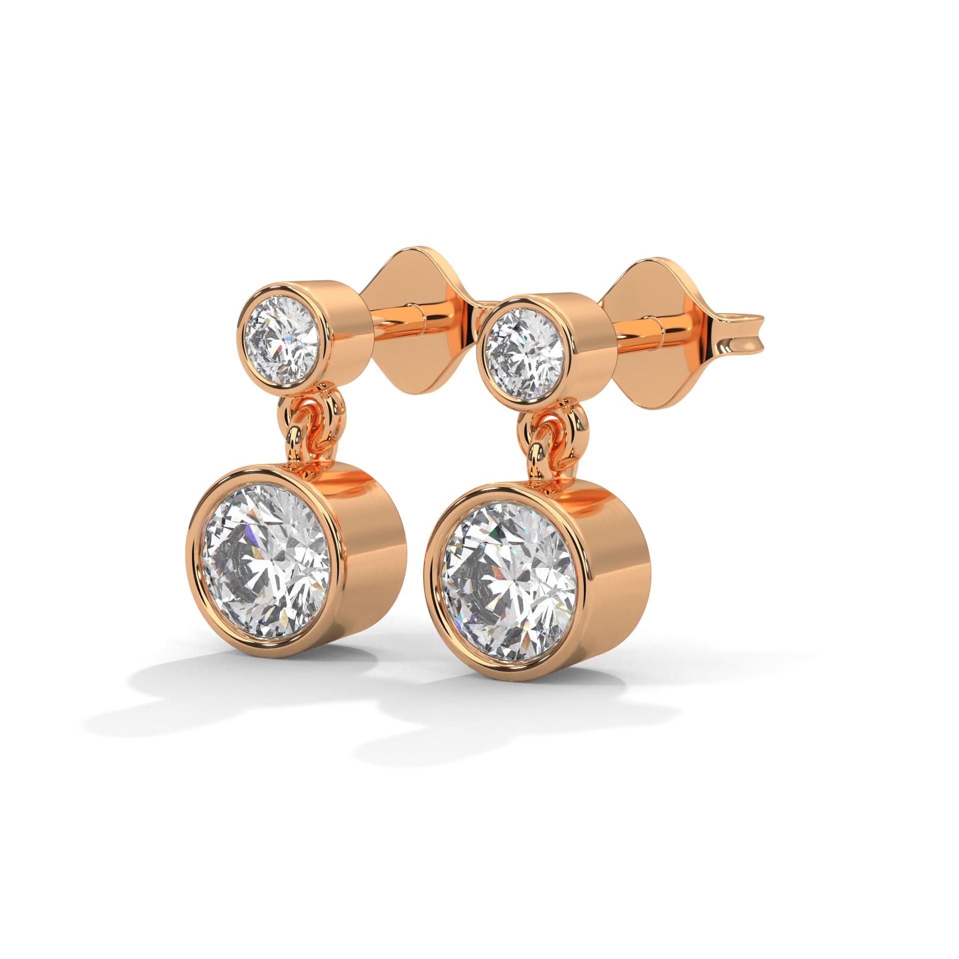 Rose gold earrings with clear Diamond on a white background