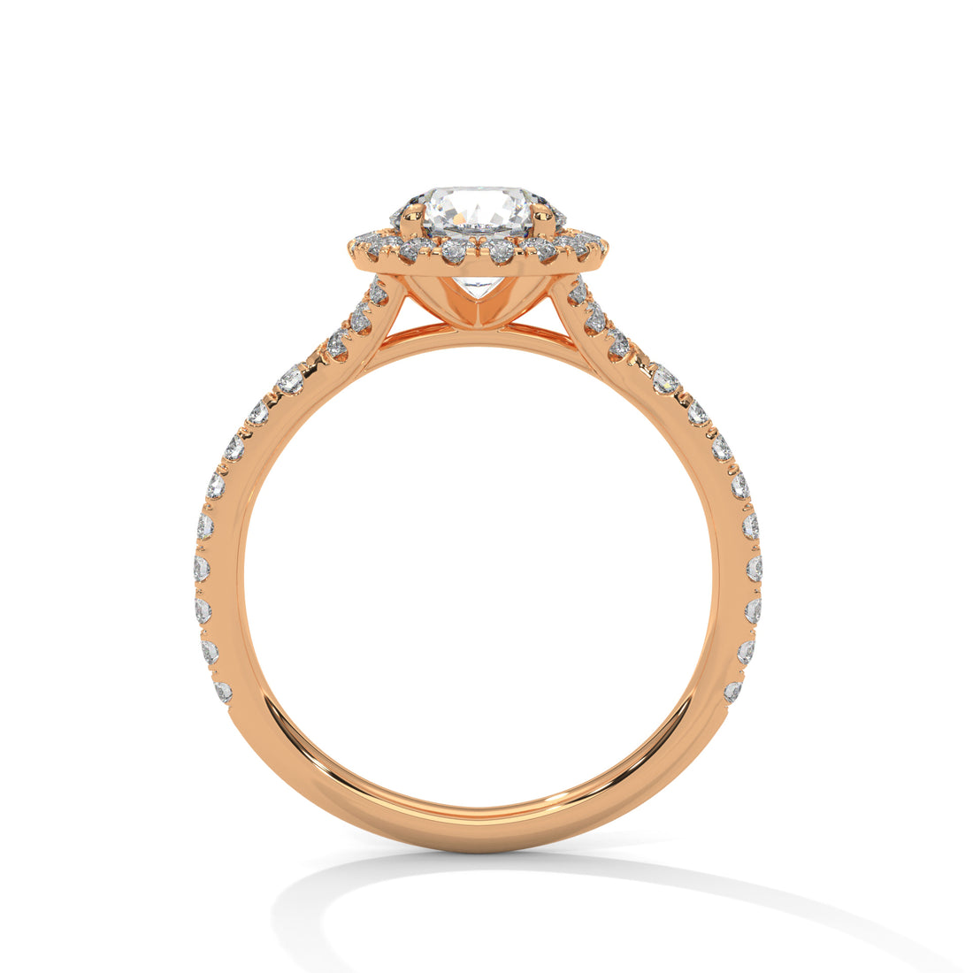 Rose gold ring with a diamond on a white background