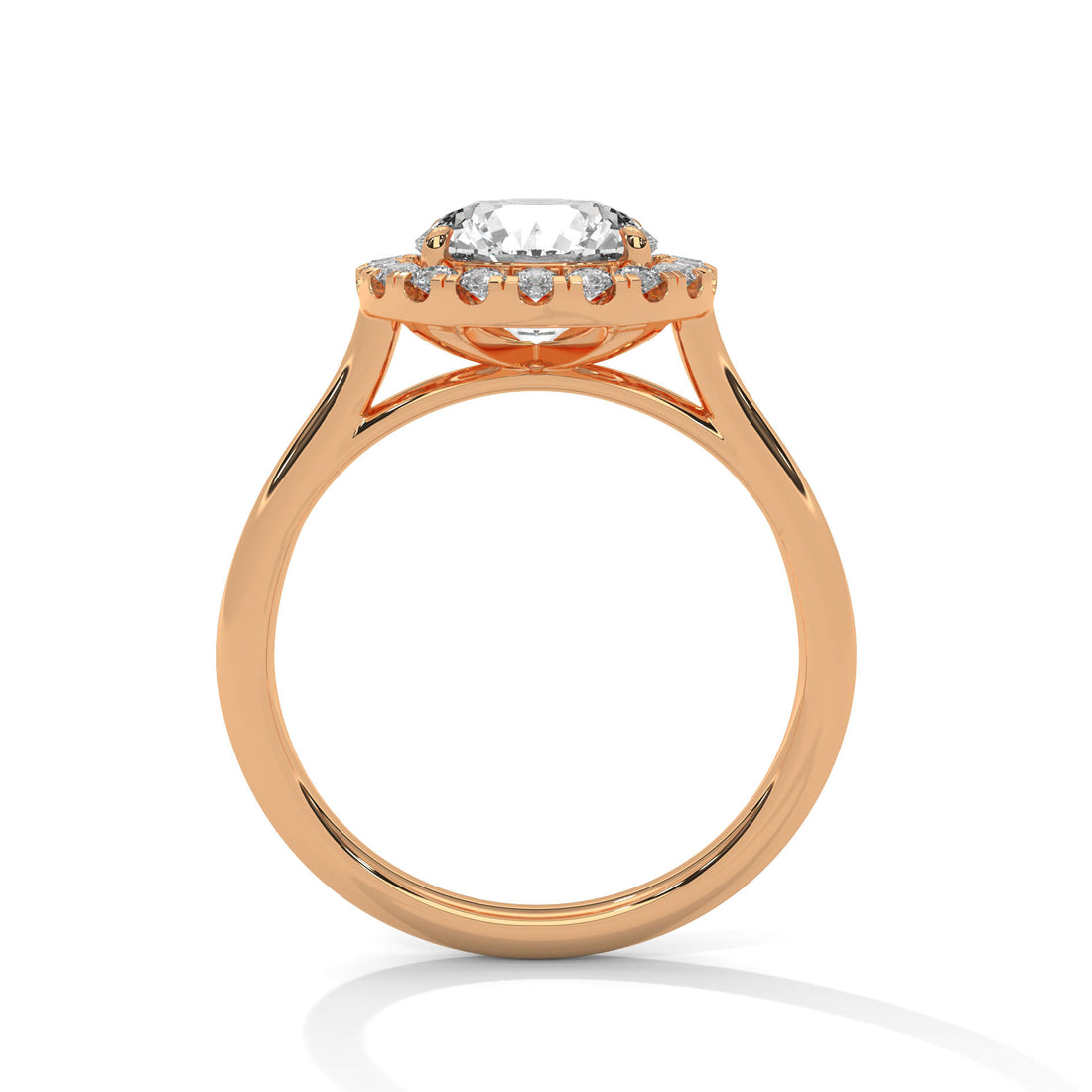Rose gold ring with a diamond on a white background