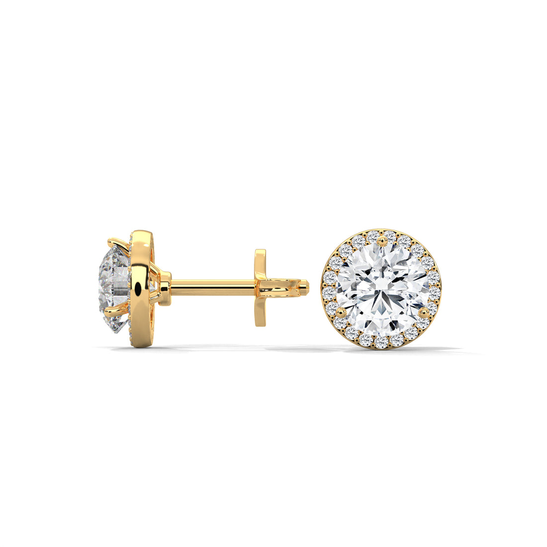 Gold earrings with round diamond studs on a white background