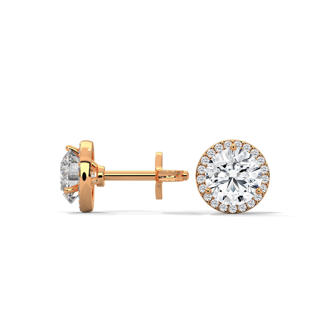 Rose gold diamond stud earrings on a white background