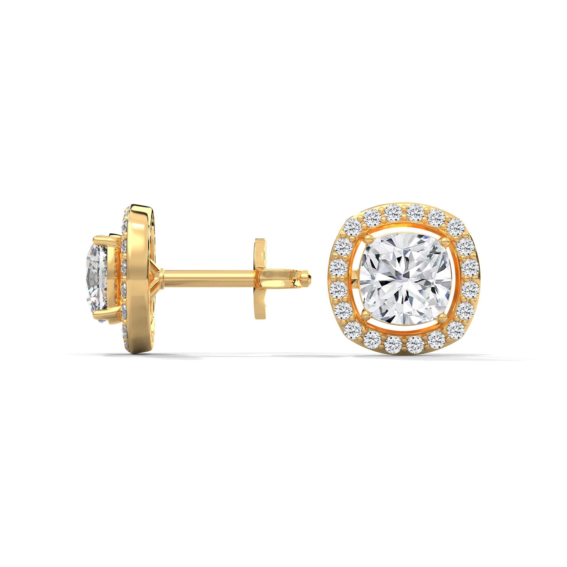 Gold earrings with a central diamond and smaller diamonds around on a white background