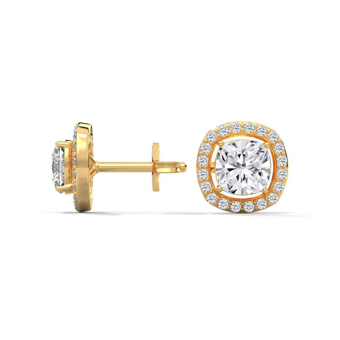 Gold earrings with a central diamond and smaller diamonds around on a white background