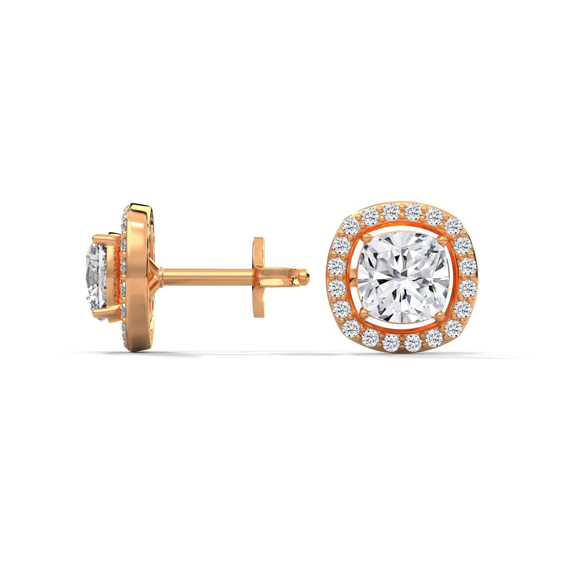 Rose gold diamond stud earrings on a white background
