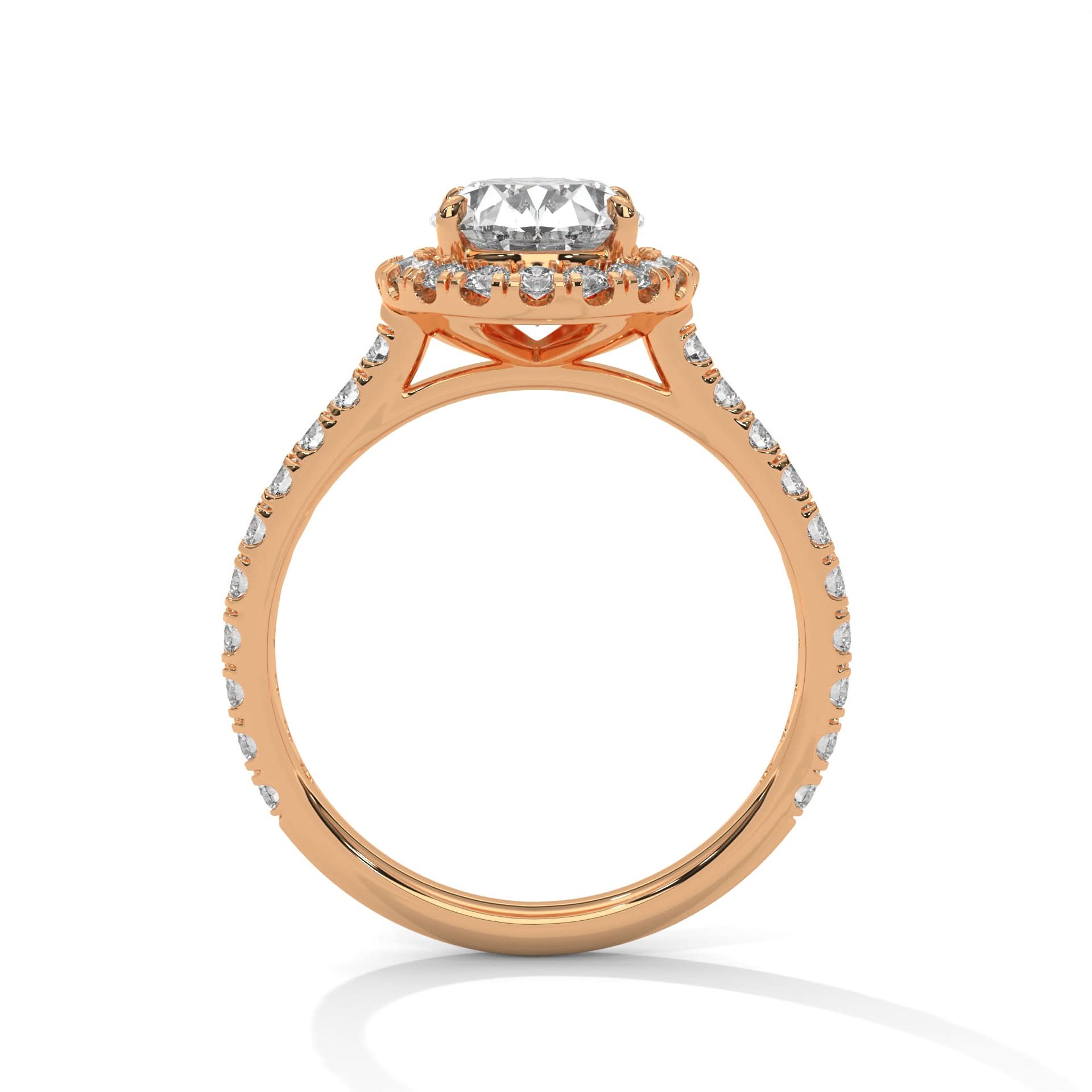 Rose gold ring with a Oval diamond on a white background