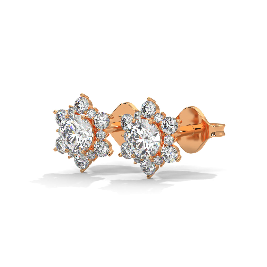 Rose gold earrings with clear lab diamond on a white background