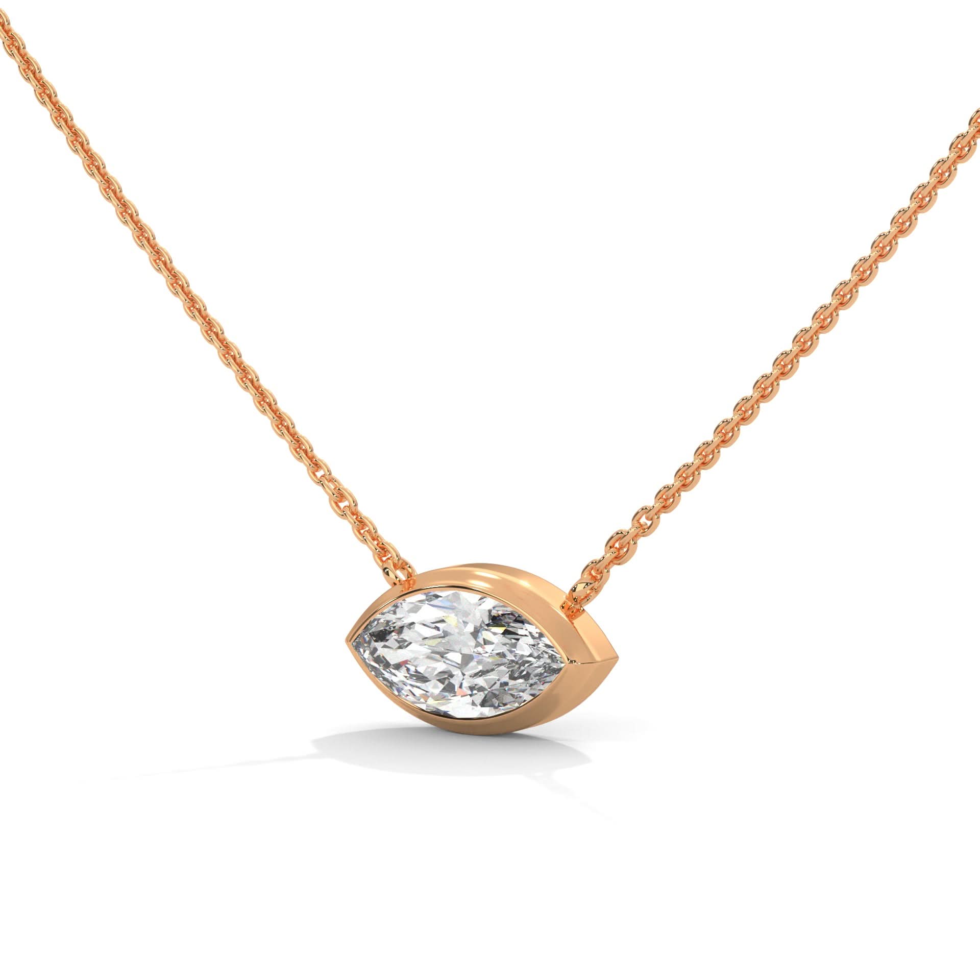 Rose gold necklace with a diamond pendant on a white background