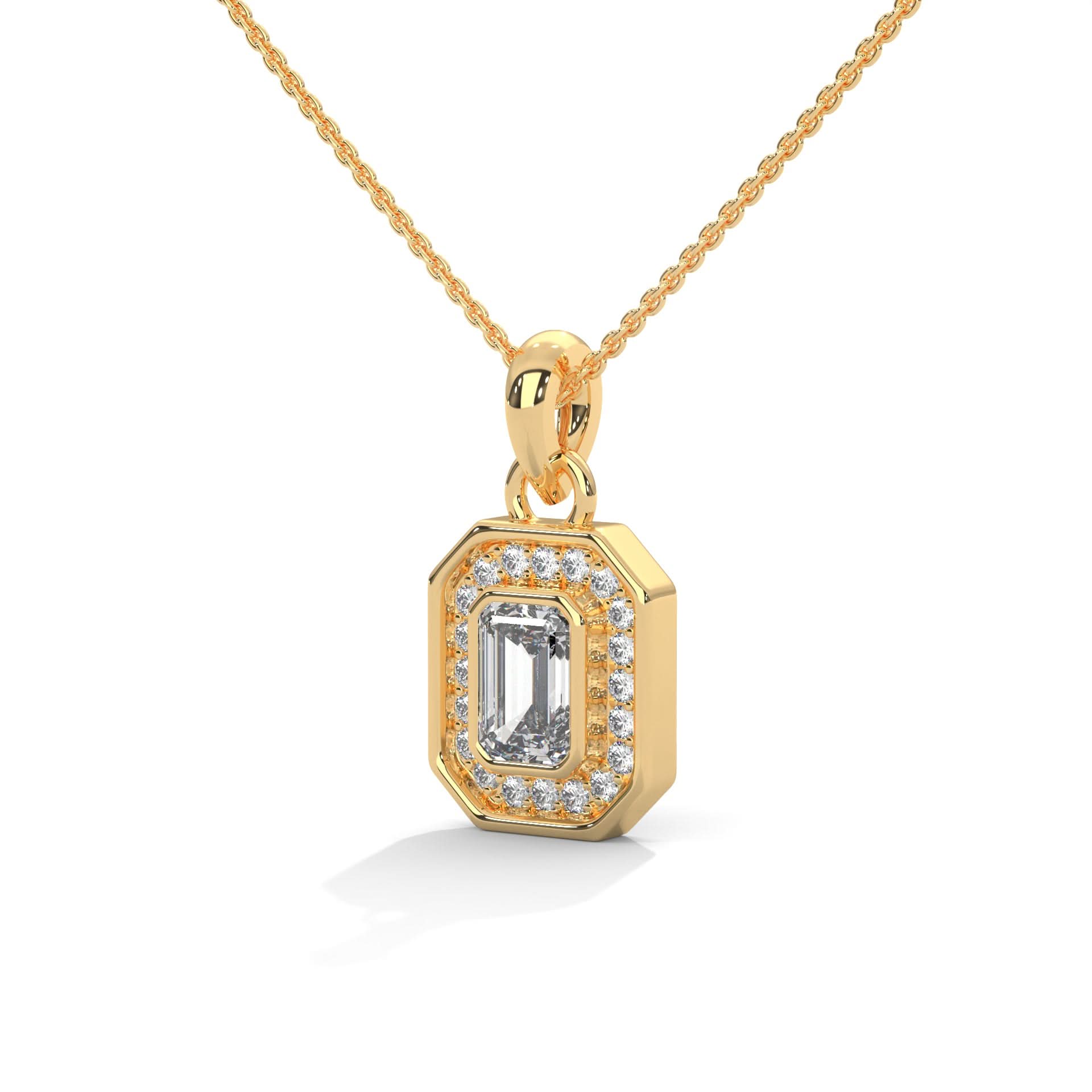 Gold necklace with a diamond pendant on a white background