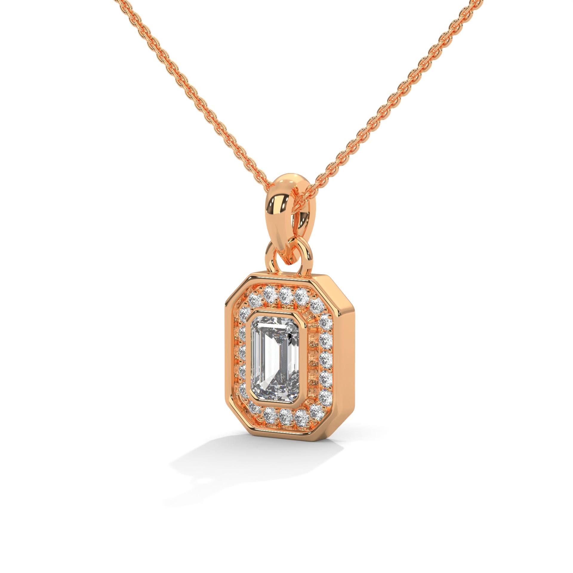 Rose gold necklace with a diamond pendant on a white background