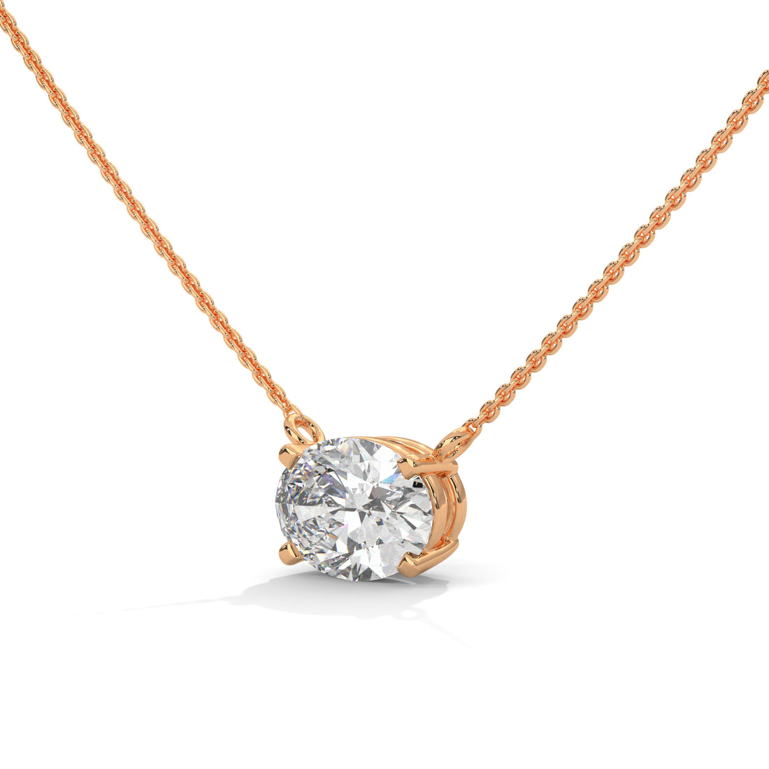 Rose gold necklace with a diamond pendant on a white background