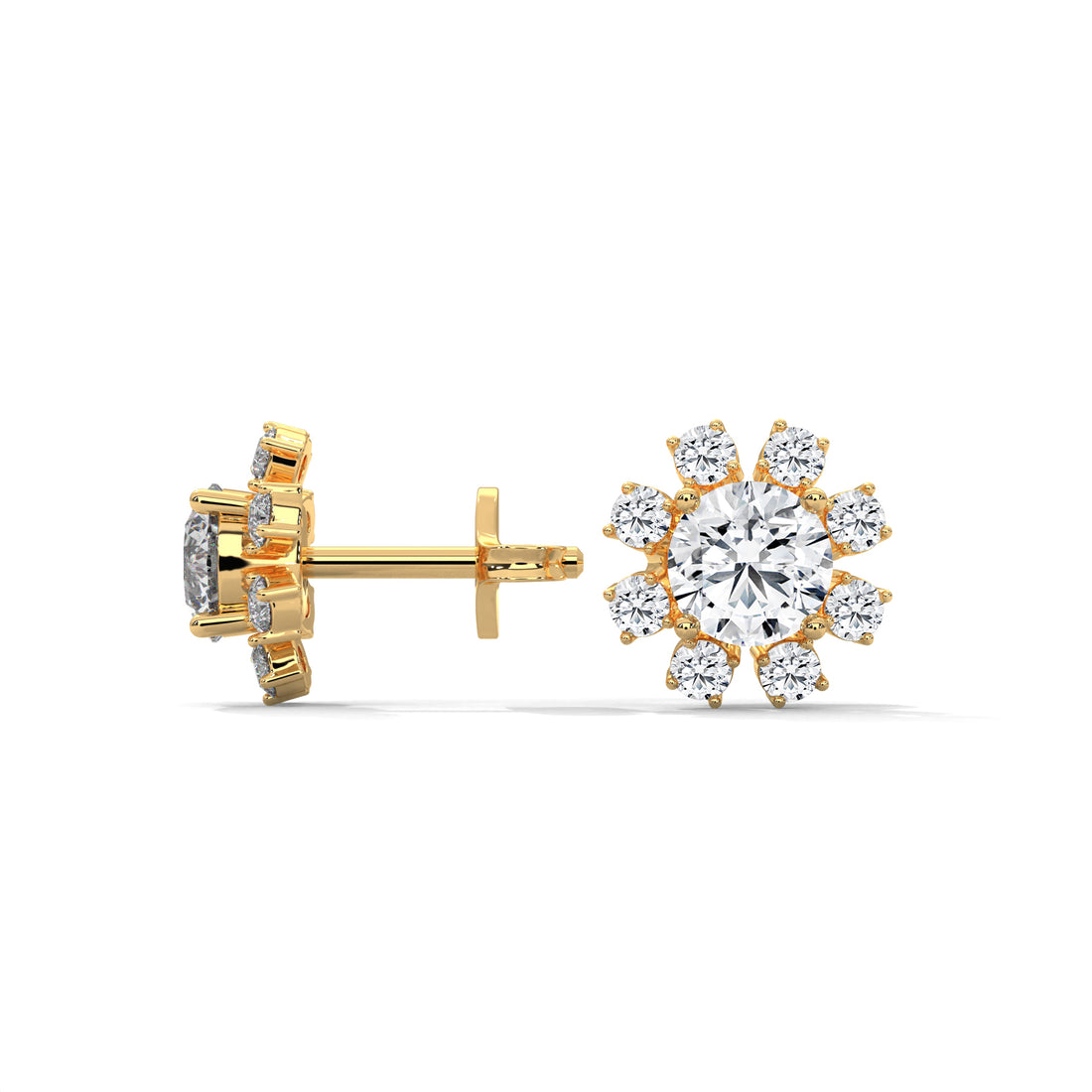 Gold earrings with diamond studs on a white background