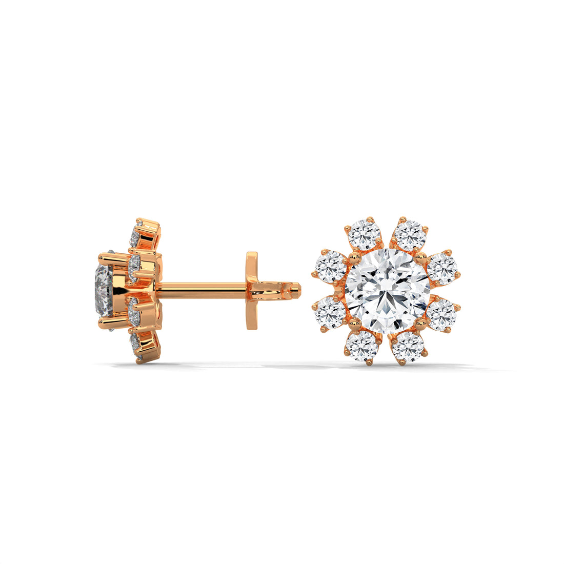 Rose gold diamond earrings on a white background