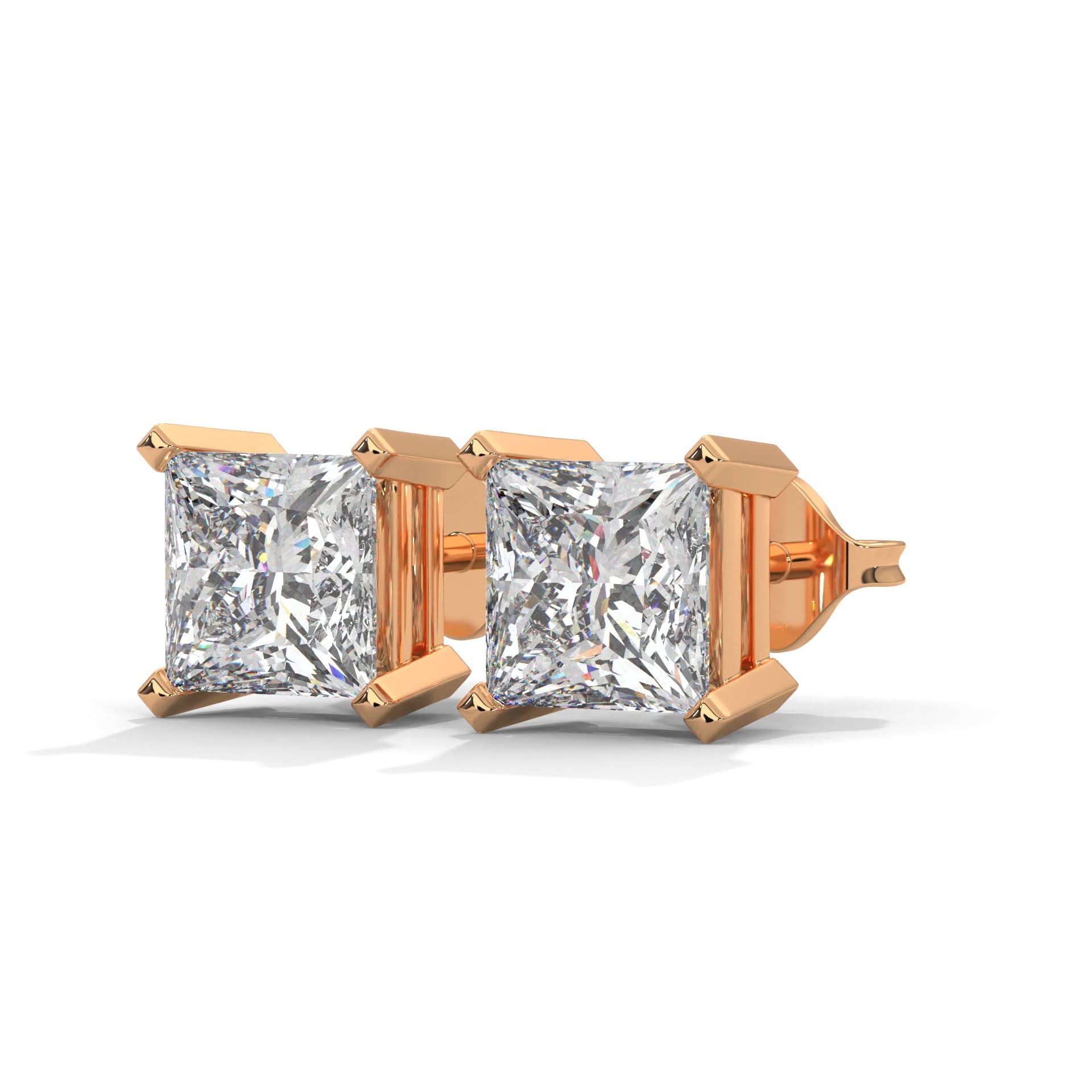 Rose gold diamond stud earrings on a white background