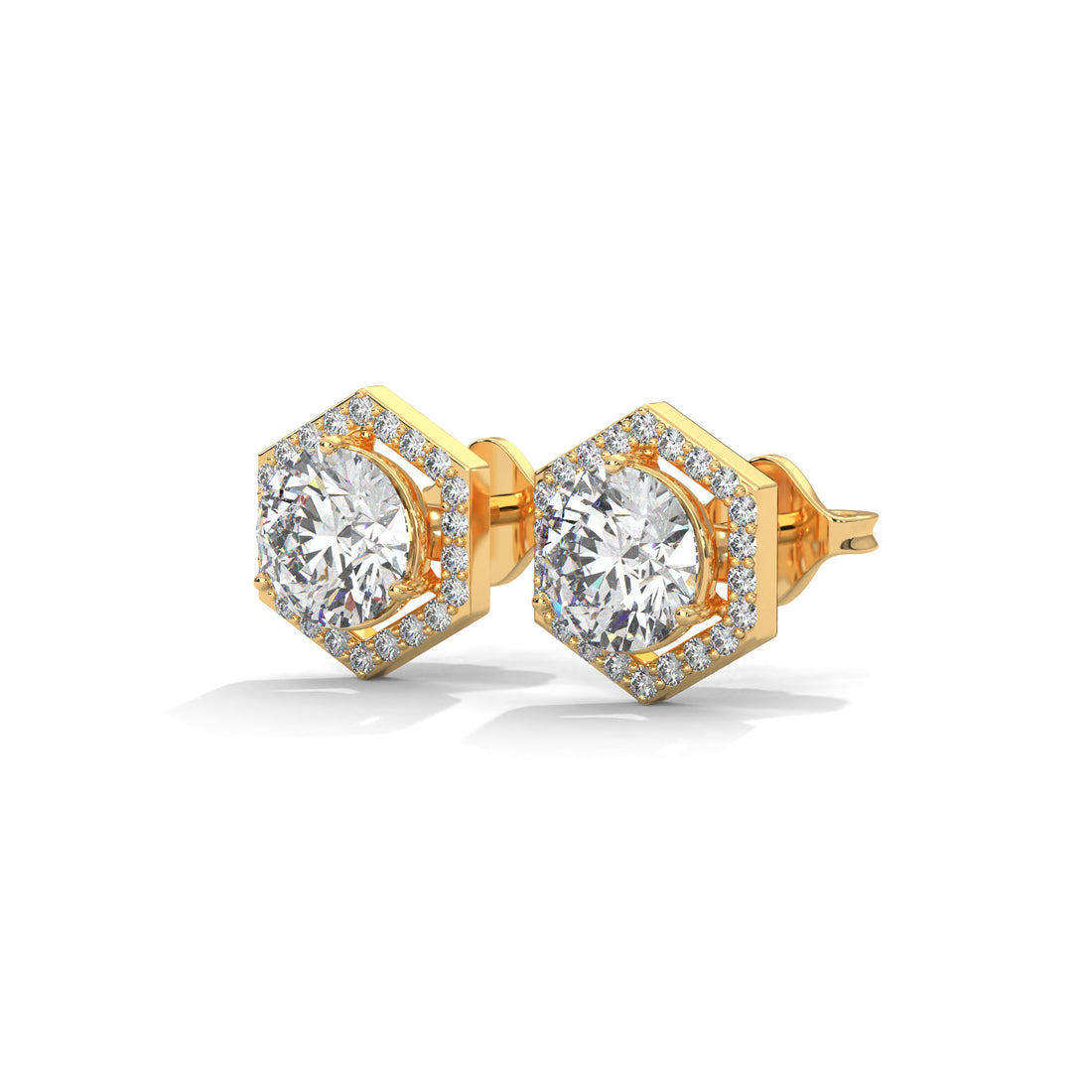 Gold earrings with diamond on a white background