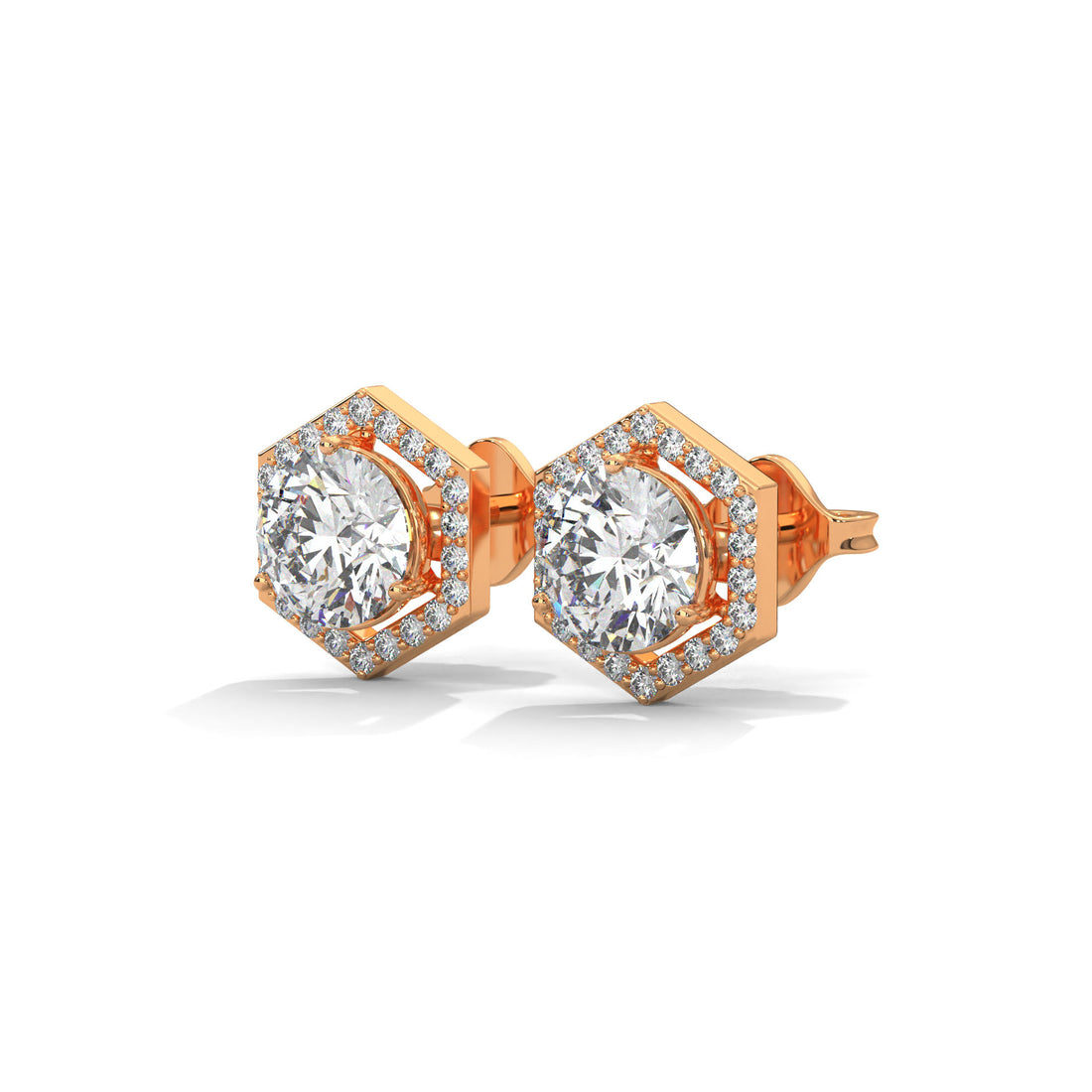 Rose gold hexagonal diamond earrings on a white background