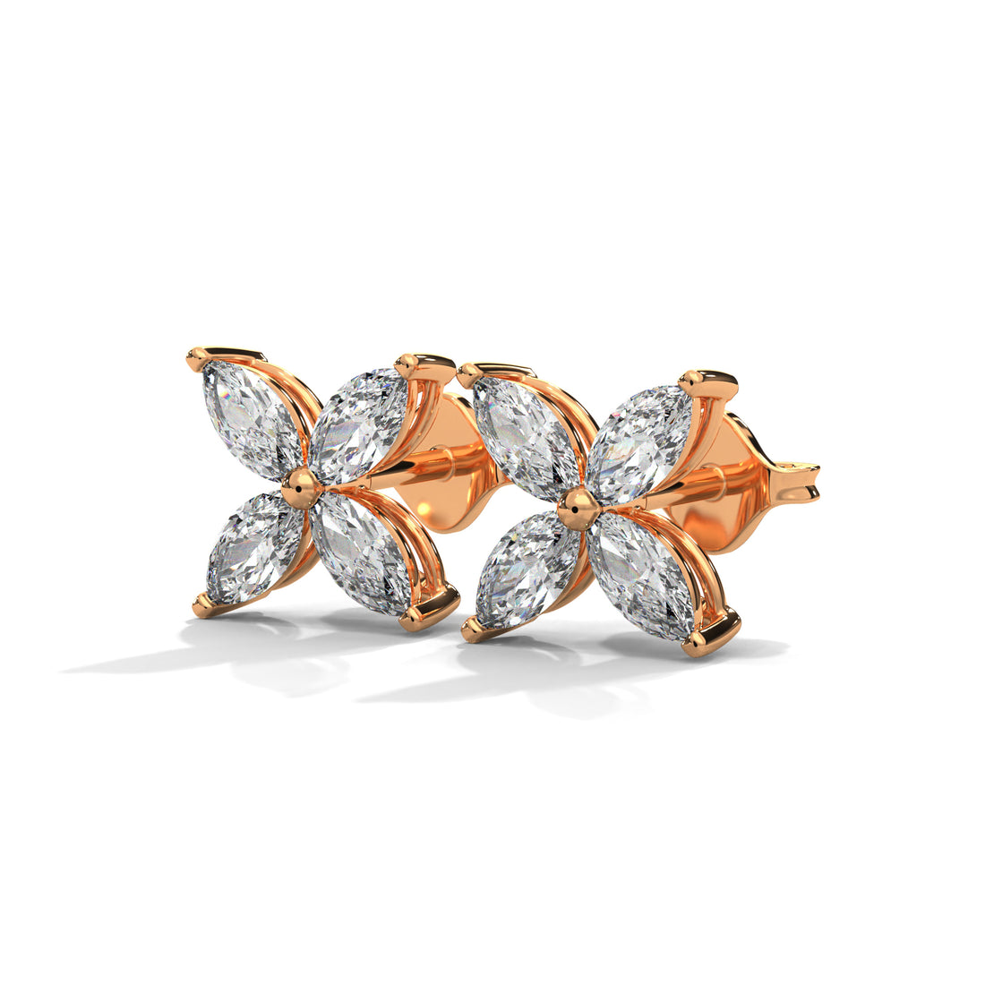 Rose gold earrings with clear Diamond on a white background