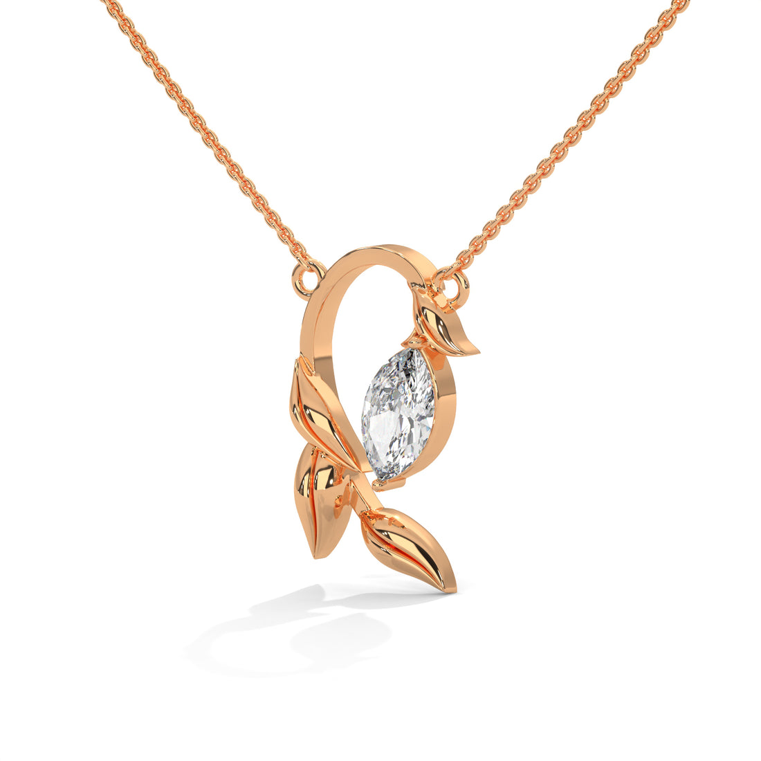 Rose gold necklace with a diamond pendant on a white background