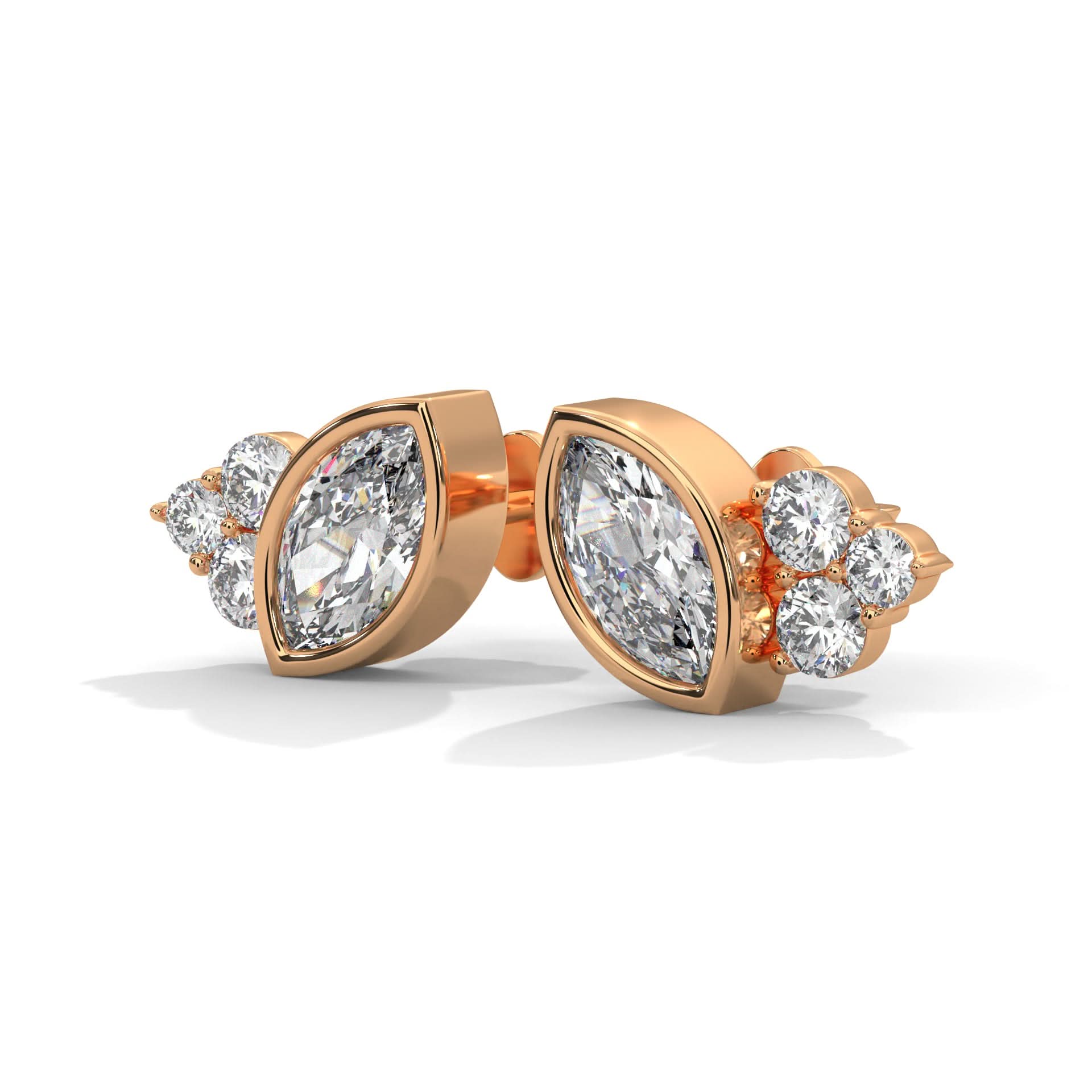 Rose gold earrings with clear Diamond on a white background
