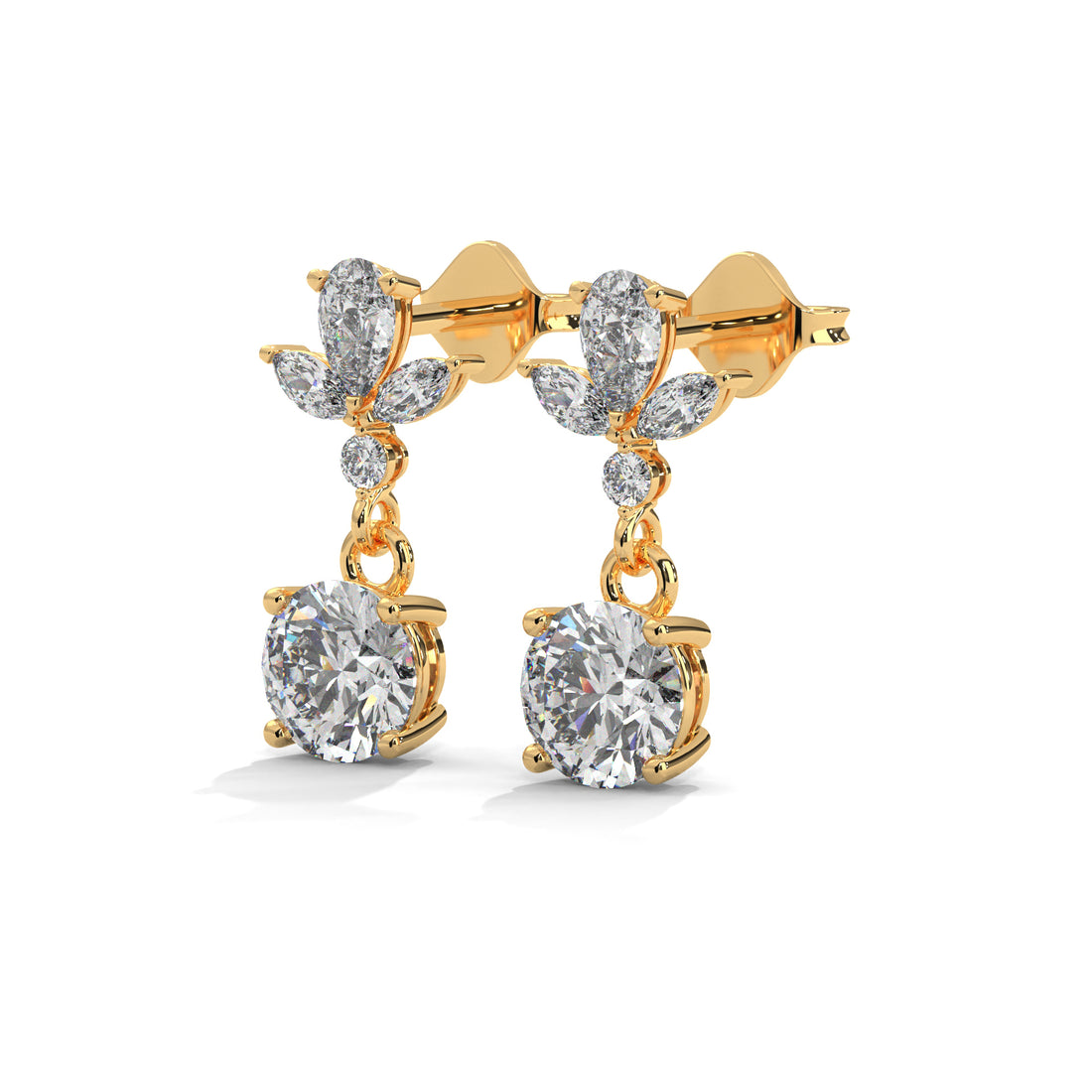 Gold earrings with clear Diamond on a white background