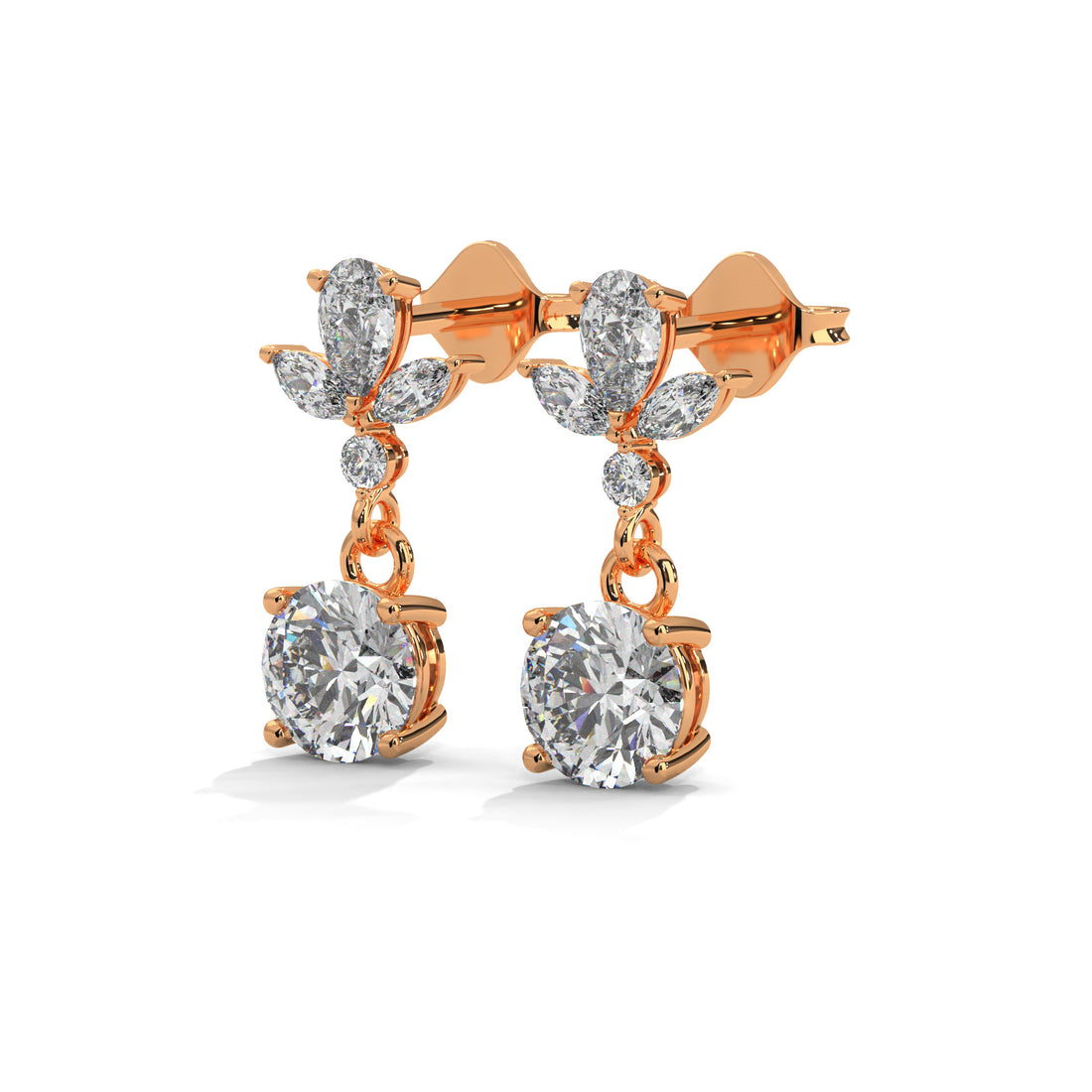 Rose gold earrings with clear Diamond on a white background