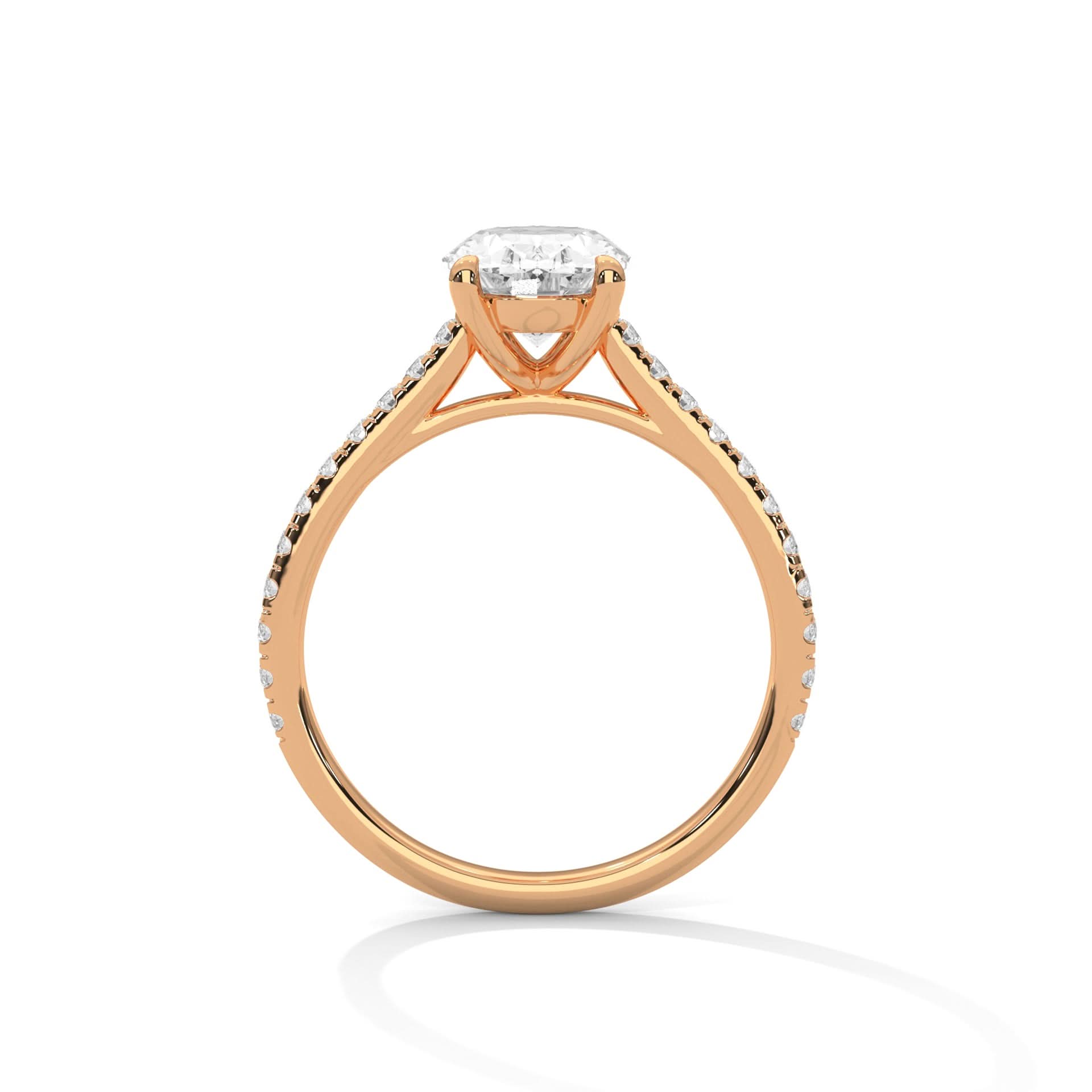 Rose gold ring with a diamond on a white background